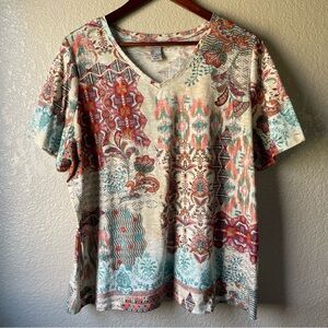 Catherines Womens 0X Mixed Print Boho Artsy Knit V Neck Short Sleeve T Shirt